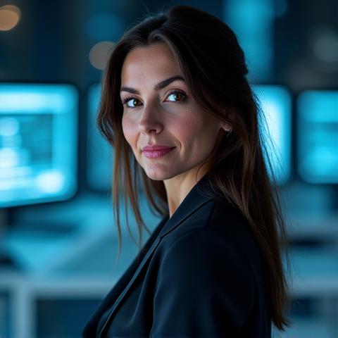 Cristina Dumitrescu, Director Tehnologie Vitalis Meridiem, lucrând la un laptop cu ilustrații de date.