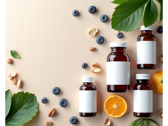Diverse flacoane de suplimente nutritive pe o masă curată, cu ingrediente proaspete alături.